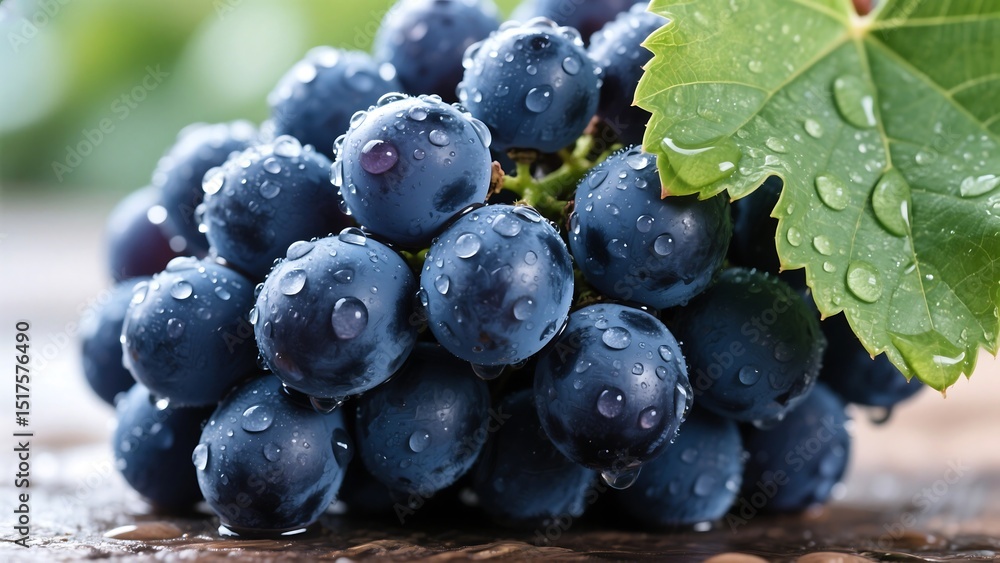 Fototapeta premium Cluster of Ripe Dark Blue Grapes with Glistening Water Droplets and Green Leaf – Fresh and Juicy