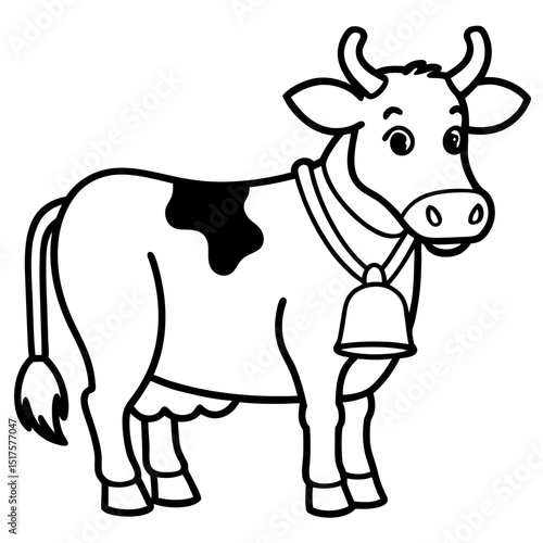 Farm Cow Head with Bell Under Neck, Cartoonish Line Style