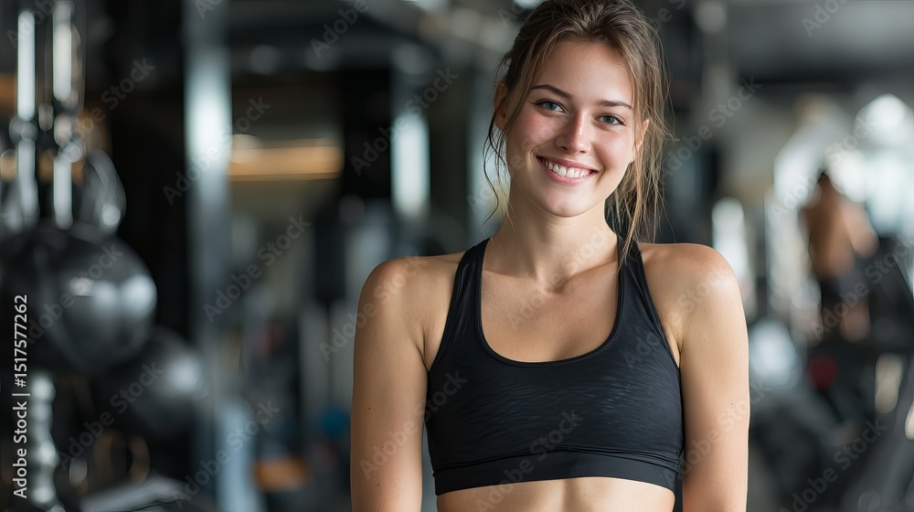 Fototapeta premium Smiling Fitness Woman Gym Workout Healthy Lifestyle Strong Athletic Beautiful Girl Happy Active Sporty Exercise Training Bodybuilding Strong Female Portrait yoga model shape muscle