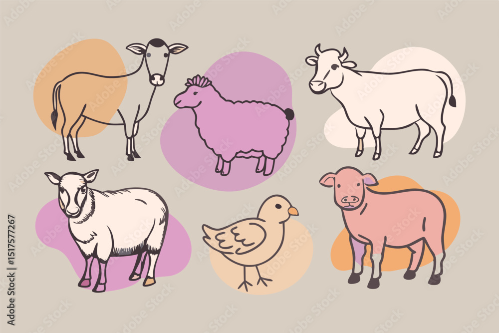 Fototapeta premium Cute Cartoon Farm Animals in Pastel Colors