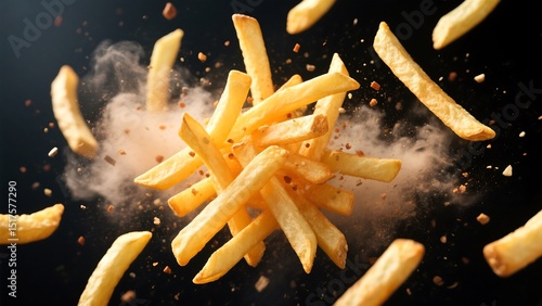 Golden French Fries Suspended Mid-Air with Seasoning Dust Cloud – Dramatic Food Visual