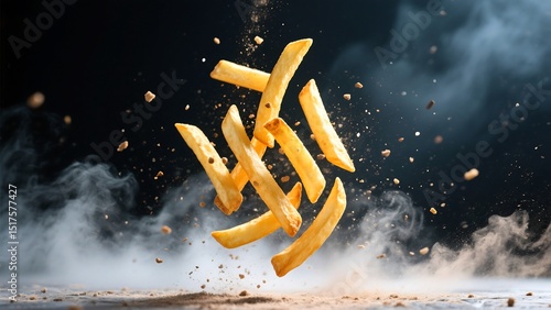 Golden French Fries Suspended Mid-Air with Seasoning Dust Explosion – Dramatic Food Photography