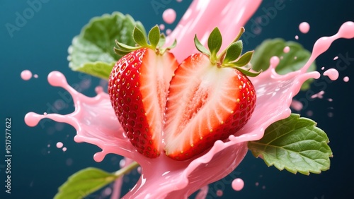 Halved Strawberry with Pink Juice Splash and Green Leaves – Vibrant and Juicy Fruit Explosion