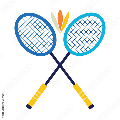 Isolated sport equipment: tennis rackets with balls, badminton rackets with shuttlecocks, and badminton rackets with balls