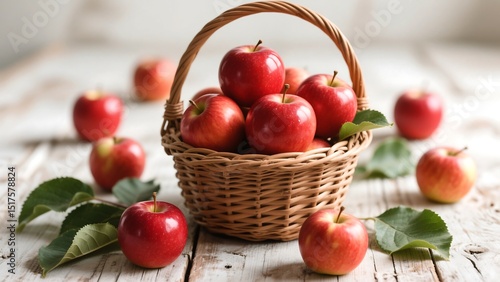 Rustic Basket Filled with Shiny Red Apples and Green Leaves – Wholesome Natural Harvest