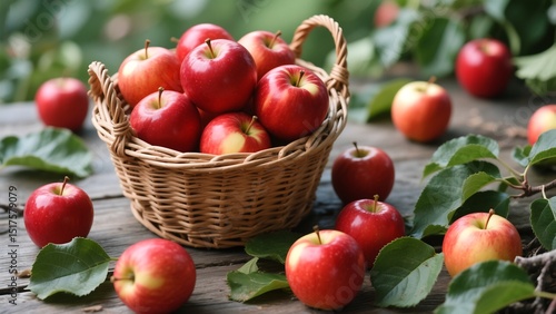 Rustic Basket Filled with Shiny Red Apples Surrounded by Green Leaves – Wholesome Natural Harvest