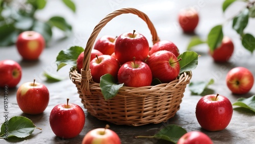 Rustic Basket Overflowing with Shiny Red Apples and Green Leaves – Wholesome Natural Harvest Scene