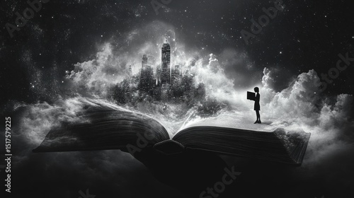 Surreal city emerging from pages of a book in dreamlike black and white scene