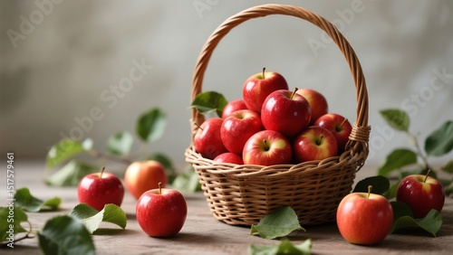 Rustic Basket Overflowing with Shiny Red Apples and Green Leaves – Wholesome Natural Harvest