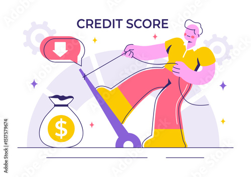 Credit Score Vector Illustration with a Loan Arrow Gauge Speedometer Indicator Displaying Ratings from Poor to Good in a Flat Style Background