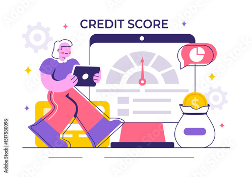 Credit Score Vector Illustration with a Loan Arrow Gauge Speedometer Indicator Displaying Ratings from Poor to Good in a Flat Style Background