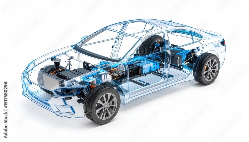 technical simulation. Transparent car illustration showcasing internal components and mechanics. technical simulation. Transparent car illustration showcasing internal components and mechanics.