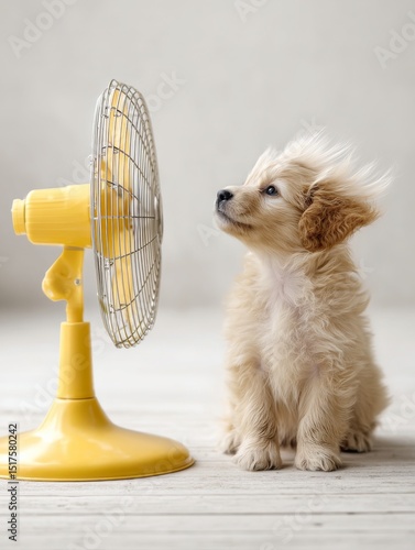 Cute fluffy puppy sitting in front of a yellow fan, enjoying the breeze on a warm day. The minimal indoor background and the dog's expression create a humorous and heartwarming summer-themed 