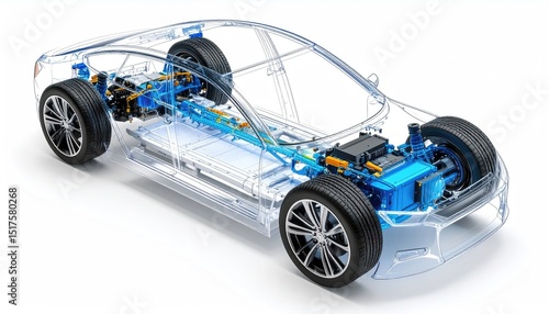 technical simulation. Transparent car illustration showcasing its internal components and modern technology.
