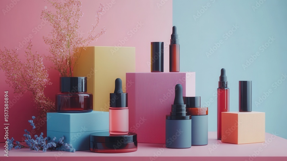 Elegant skincare and cosmetics display with colorful blocks and bottles Elegant skincare and cosmetics display with colorful blocks and bottles