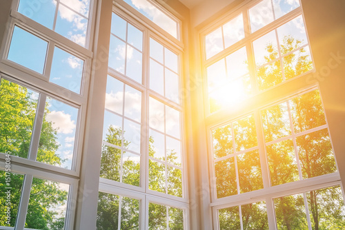 Sunlit room with large windows showcasing a vibrant green tree view and bright blue sky