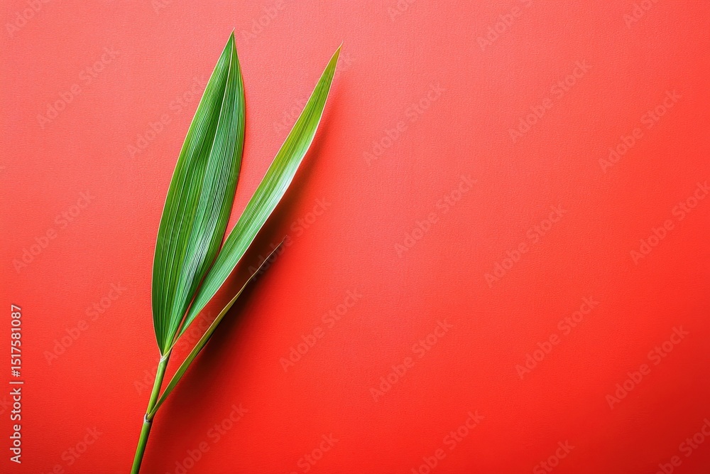 Obraz premium Vivid green leaves against a vibrant red background.