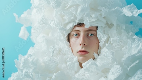 Young caucasian male surrounded by white tissue against blue background