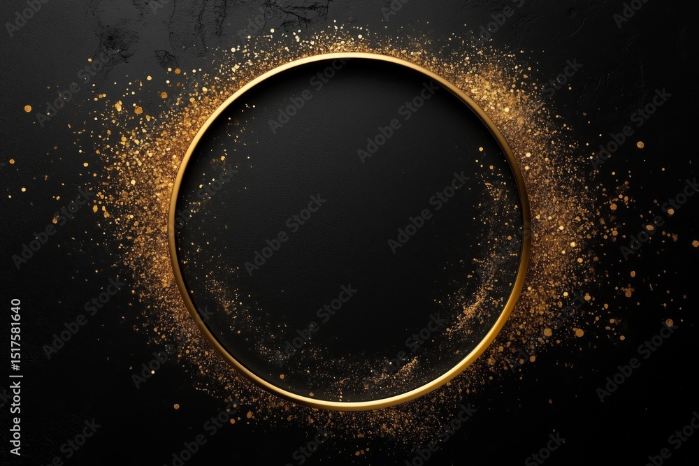 Obraz premium Elegant golden circle abstract background with sparkling textures and dark surfaces creates a luxurious atmosphere ideal for design projects and artistic presentations