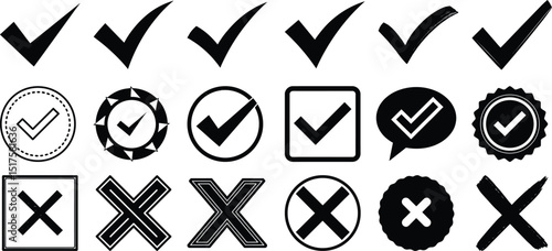Check and cross icon set black vector symbols isolated