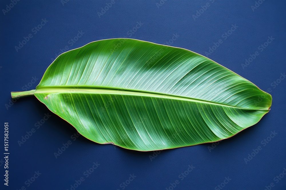 Fototapeta premium Vibrant green leaf against a deep blue background.