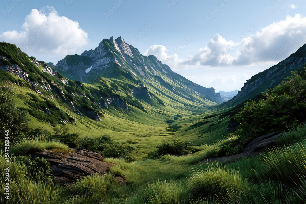 Fototapeta premium Serene mountain valley landscape under a blue sky