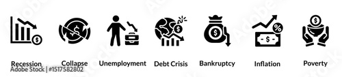 Economy crisis glyph icon set. recession, collapse, unemployment, debt crisis, bankruptcy, inflation, poverty