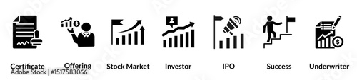 Initial Public Offering glyph icon set. certificate, offering, stock market, investor, ipo, success, underwriter