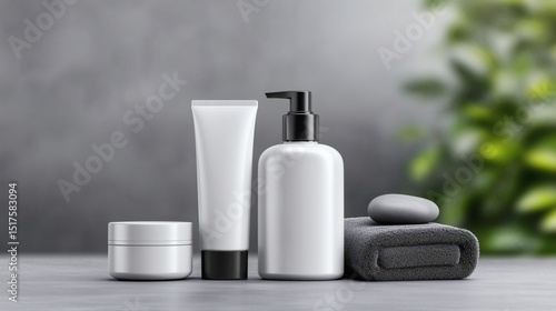 Minimal skincare product arrangement, Cosmetic mockup with towel and stone, Great for branding, wellness or spa concepts