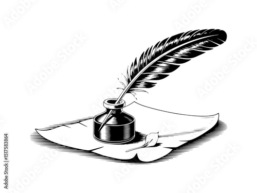 Vintage quill pen and inkwell on parchment paper