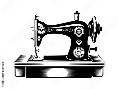 Vintage sewing machine illustration black and white