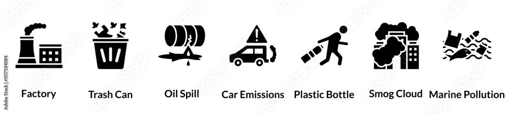 Fototapeta premium Pollution glyph icon set. factory, trash can, oil spill, car emissions, plastic bottle, smog cloud, marine pollution