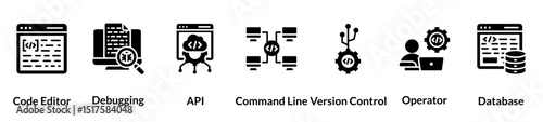 Programming glyph icon set. code editor, debugging, api, command line, version control, operator, database