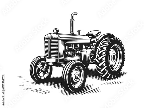 Vintage farm tractor black and white illustration