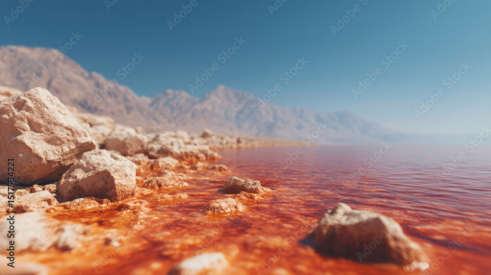 Naklejka premium Close up view of reddish, mineral rich shoreline with rocks along edge of chemical lake, with distant mountains clear blue sky