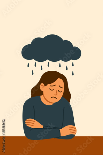 Flat vector illustration for psychological support or awareness. Sad woman sitting with arms crossed and a dark cloud raining over her head. Symbol of depression, mental health struggles, sadness, and