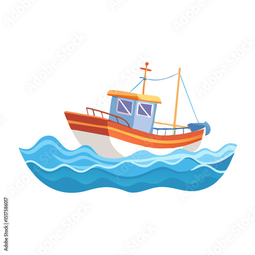 Vector illustration of a traditional fishing boat gently rocking on ocean waves