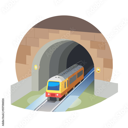 Vector illustration of a subway train passing through an illuminated underground tunnel