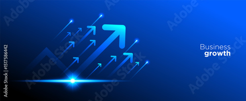 Business growth arrow on dark blue technology background with futuristic light effect for presentation