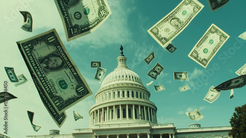 Money Flying Over U.S. Capitol – Symbolizing Government Spending, Lobbying, or Political Corruption

