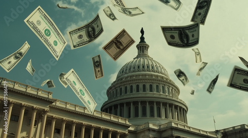 U.S. Capitol Building with Flying Money Depicting Government Spending, Political Corruption, or Financial Influence in Politics

