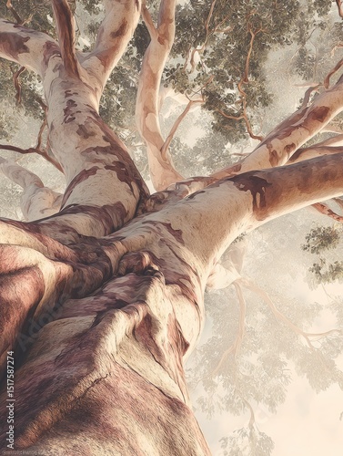 Upward view of a large tree trunk