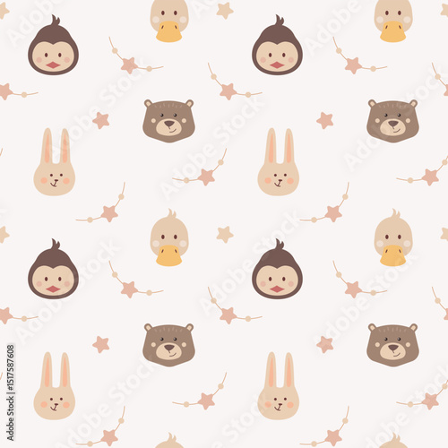 Vector seamless pattern with funny animals muzzle. Cute cartoon characters wallpaper. texture for textile with penguin, duckling, bear and rabbit in a flat style. Repeat ornament for kids.