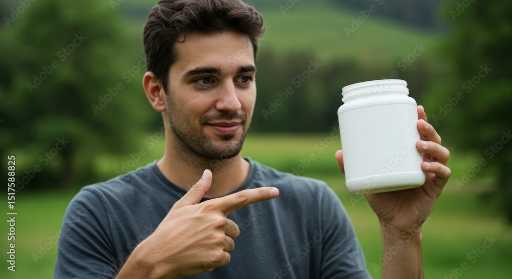 Man Outdoors Showcases Blank Supplement Jar: A Natural, Approachable Product Shot Man Outdoors Showcases Blank Supplement Jar: A Natural, Approachable Product Shot