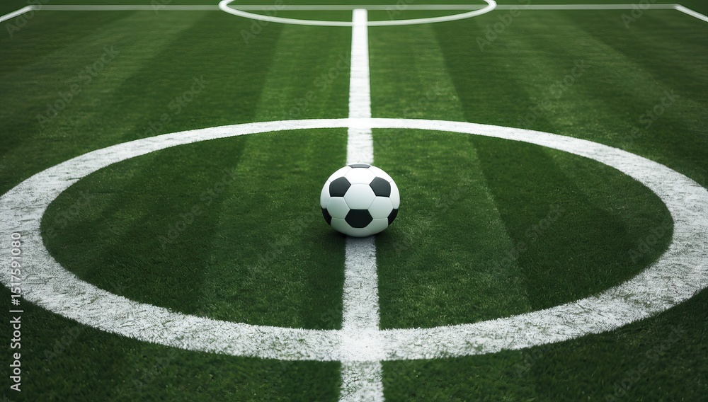 Obraz premium Black-and-White Soccer Ball at the Center of a Green Field, Illuminated by Sunlight