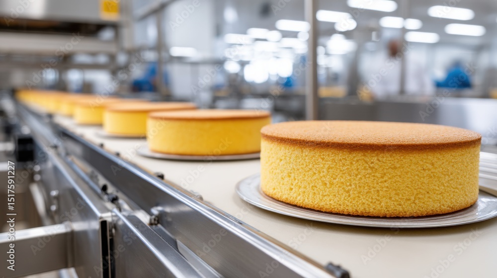 Round yellow cakes move along a conveyor belt, in a brightly lit commercial bakery setting, workers are visible in the background. Round yellow cakes move along a conveyor belt, in a brightly lit commercial bakery setting, workers are visible in the background.