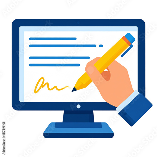 Digital Signature Hand Signing Document on Computer Screen