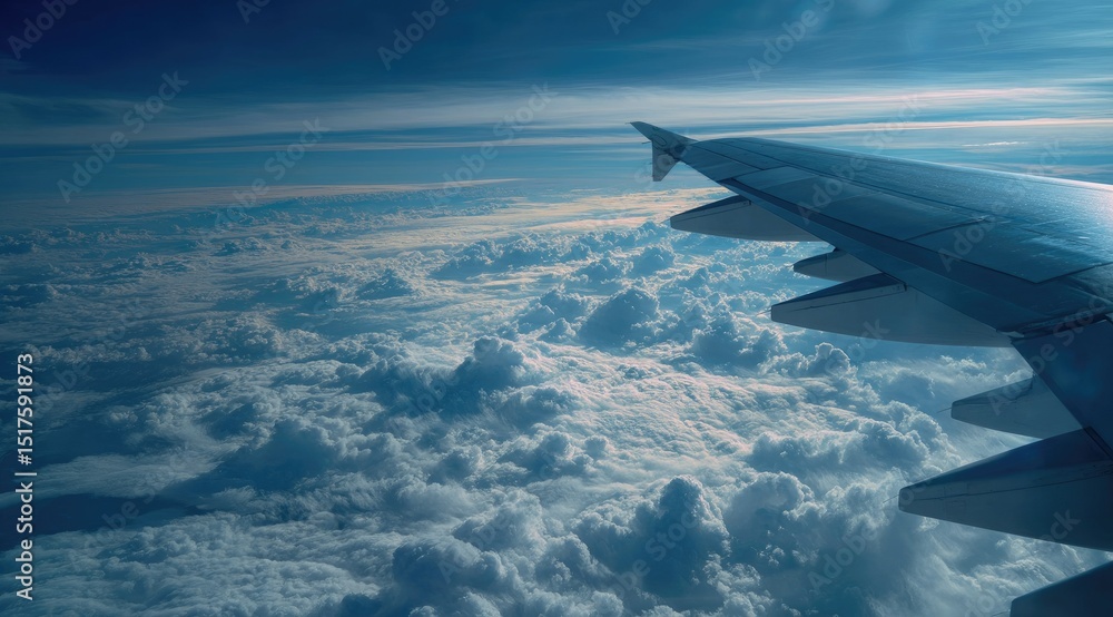 Airplane wing above a vast expanse of fluffy clouds under a bright blue sky, sunlight reflecting off the wing Airplane wing above a vast expanse of fluffy clouds under a bright blue sky, sunlight reflecting off the wing