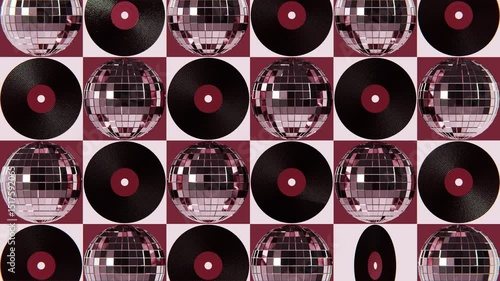 Summer 3D horizontal loop animation background textured poster disco ball metallic vinyl album record cherry red pink girly groovy vintage retro music sound song advertisement vibe trend cartoon dance