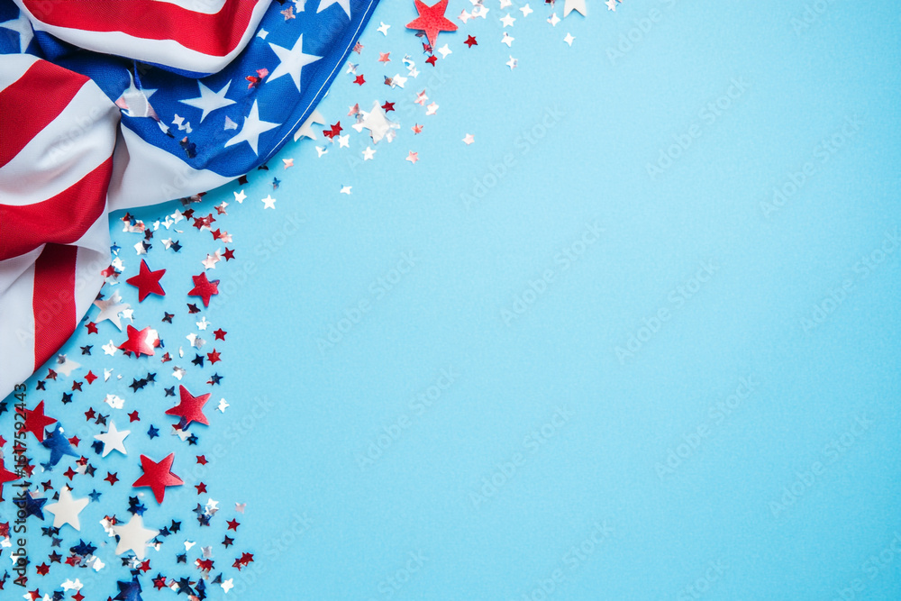 Obraz premium American flag with red white and blue stars on light blue background
